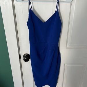 LULUS blue bodycon formal dress with wrap on size, size medium